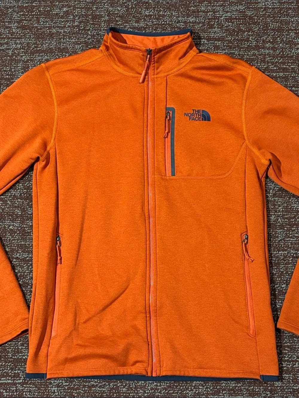 The north face skyline full zip fleece jacket logo stretch orange/navy small